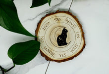 Load image into Gallery viewer, Natural wood cat + crescent moon pendulum board
